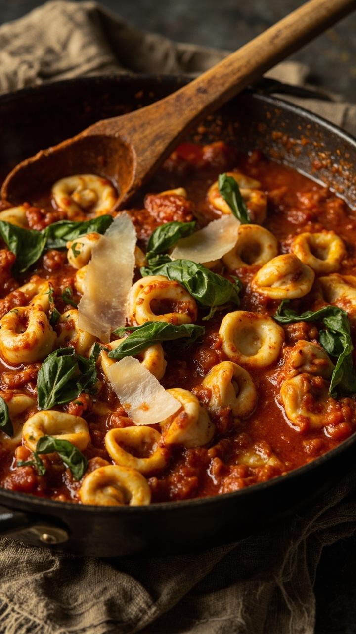 A deep skillet with a chunky tomato and basil sauce, cheese tortellini nestled in the sauce, bite sized chicken pieces scattered on top, torn fresh basil leaves and shaved Parmesan, a wooden spoon resting in the pan and a rustic napkin at the side.