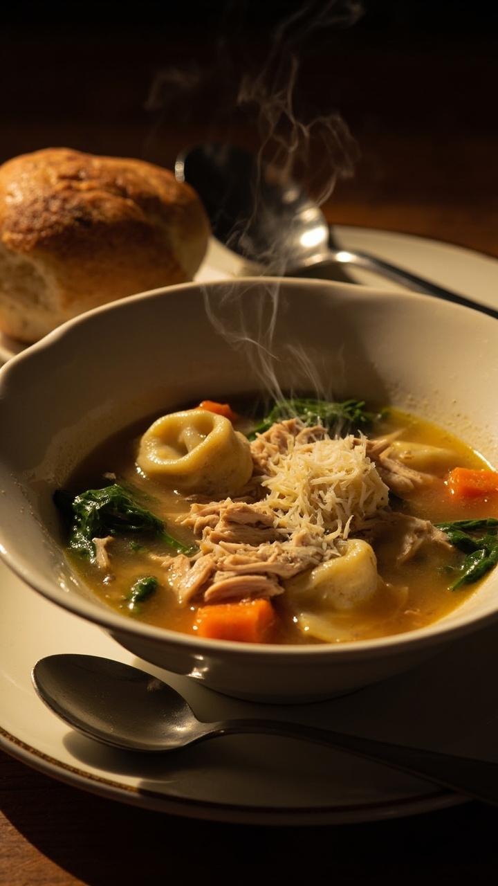 A shallow white soup bowl filled with a golden broth dotted with spinach, cheese tortellini, shredded chicken, a few thinly sliced carrots and a sprinkle of grated Parmesan, a spoon resting beside the bowl and a warm bread roll on a small plate.