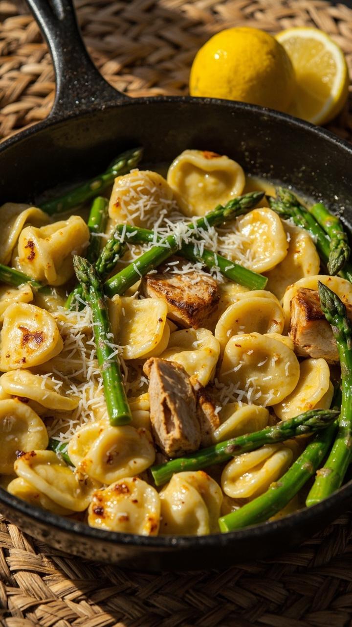 A shallow skillet of glossy lemon sauce, cheese tortellini nestled among vibrant green asparagus spears and sliced chicken, lemon wedges on the side, a scattering of grated cheese and a rattan placemat underneath.