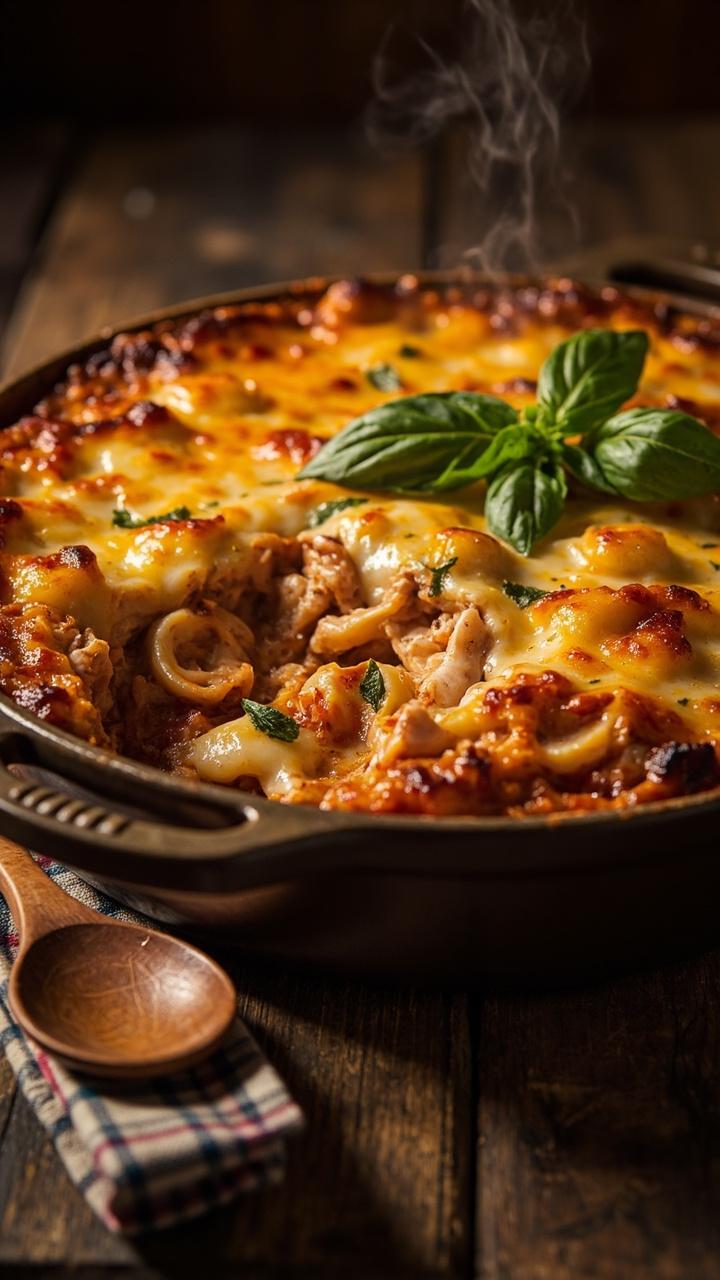 A ceramic baking dish with a bubbly golden cheese crust, a corner scoop revealing saucy tortellini and chicken beneath, scattered fresh basil and a wooden serving spoon on a rustic table with a plaid napkin.