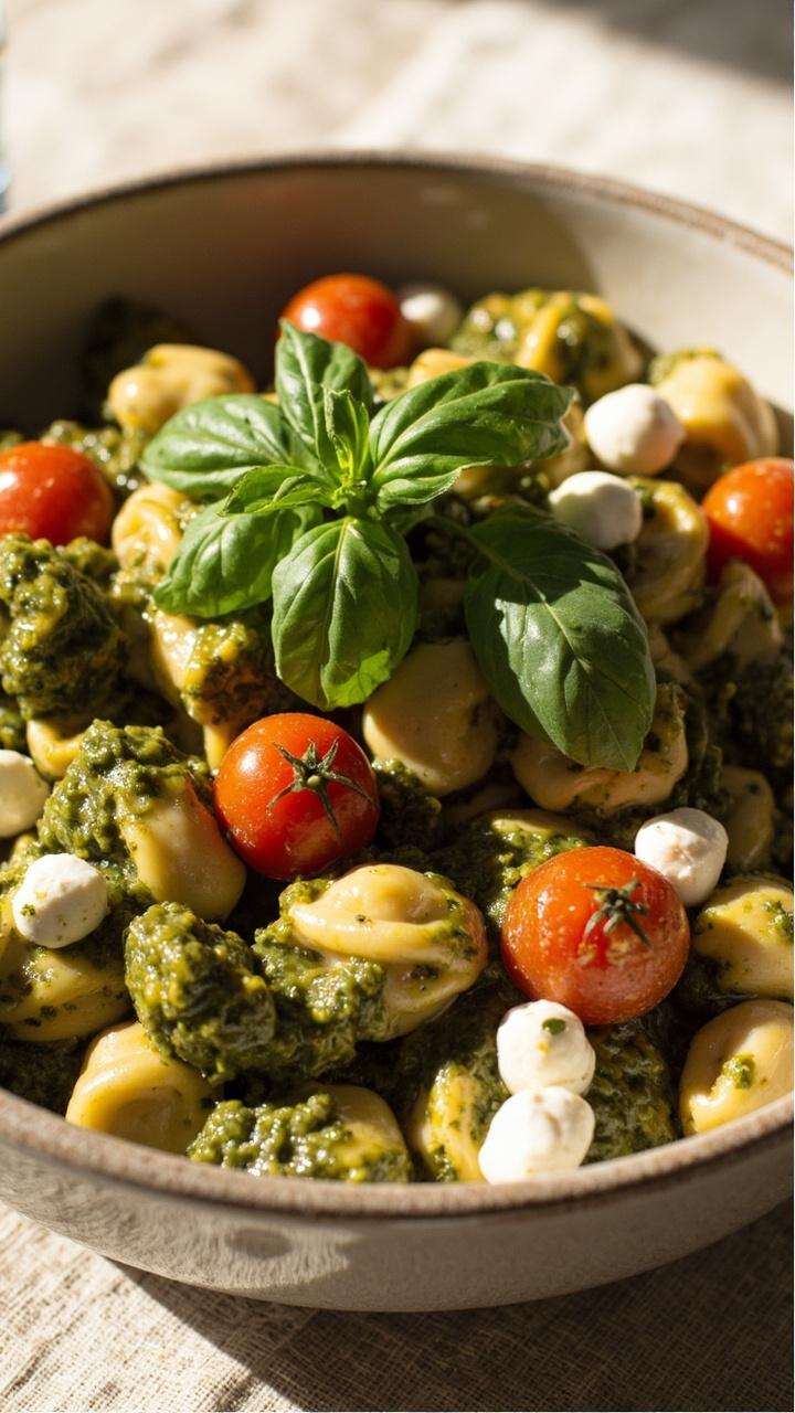 A large shallow bowl of glossy green pesto coating tortellini, bite sized chicken chunks, halved cherry tomatoes and torn mozzarella pearls, a sprig of basil on top and a light linen placemat underneath.