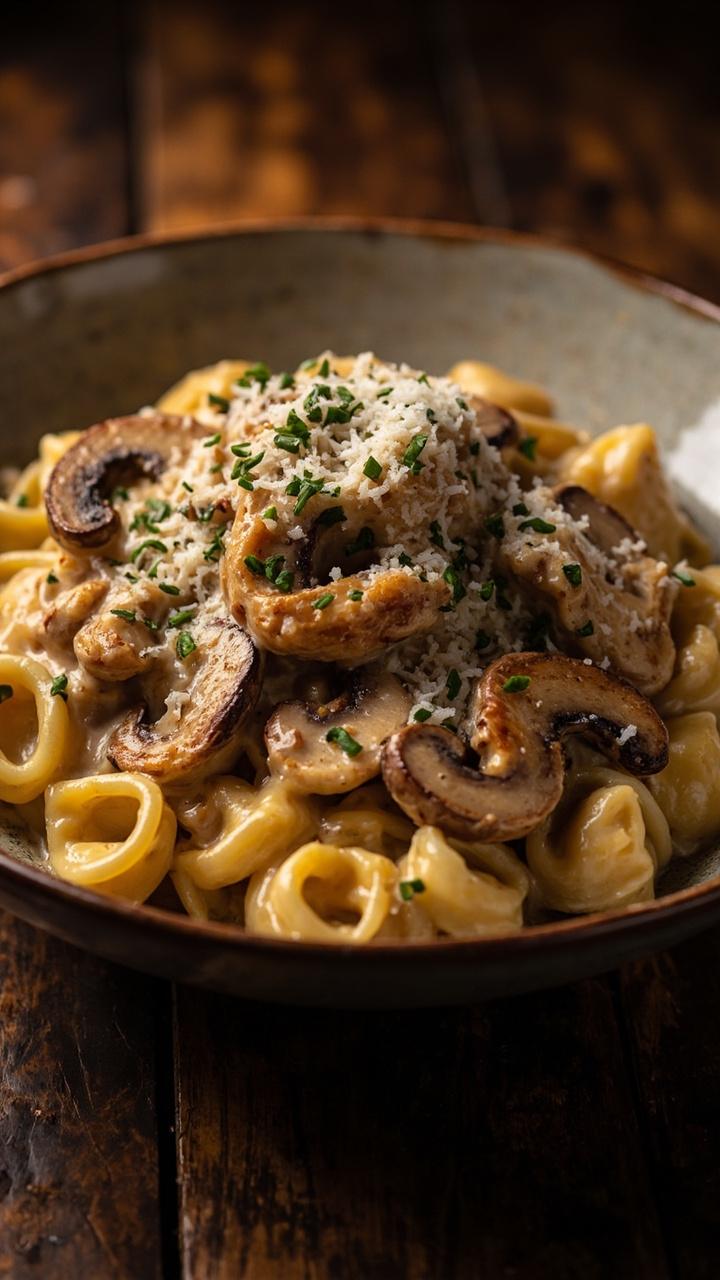 A shallow bowl with a glossy mushroom cream sauce coating tortellini, browned sliced mushrooms and tender chicken pieces on top, a sprinkle of chopped thyme and grated Parmesan, a dark wood table beneath.