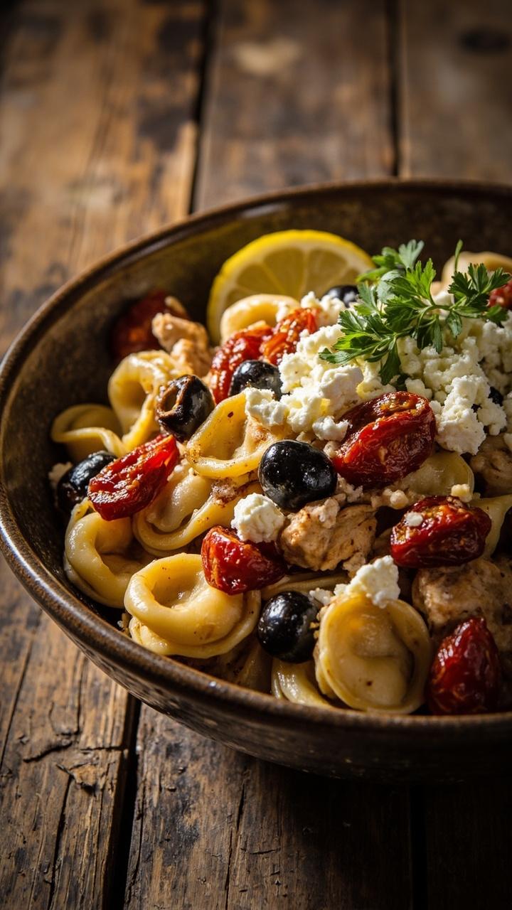 A bright shallow bowl with tortellini, chopped sun dried tomatoes and sliced black olives, diced chicken, a sprinkle of crumbled feta and chopped parsley, a slice of lemon at the edge and a textured wooden surface beneath.