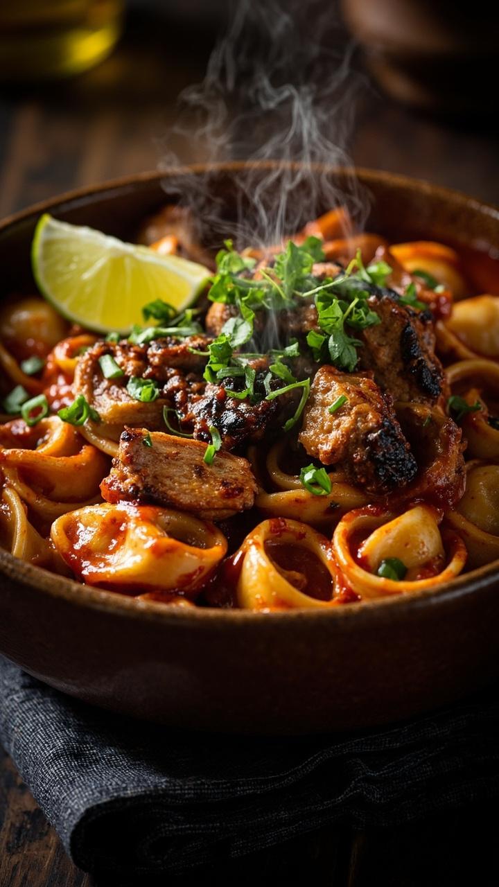 A deep bowl with richly spiced reddish sauce coating tortellini, sliced blackened chicken, thinly sliced green onions and a lime wedge on the rim, a dark napkin under the bowl and a sprinkle of chopped parsley.