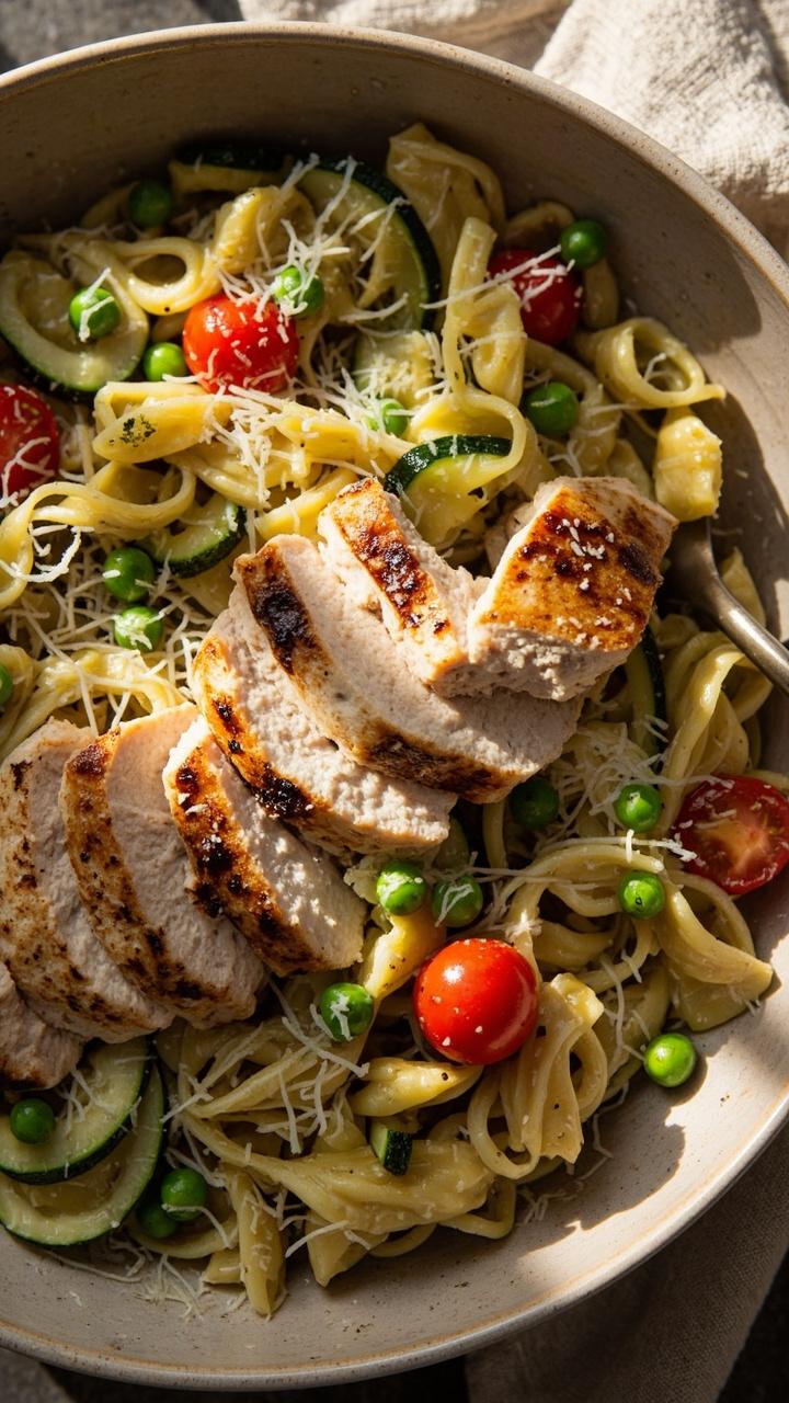 A wide shallow bowl with colorful vegetables like zucchini ribbons, cherry tomatoes, peas and tortellini in a light olive oil and herb dressing, sliced chicken breast on top, grated Parmesan and a cloth napkin nearby.