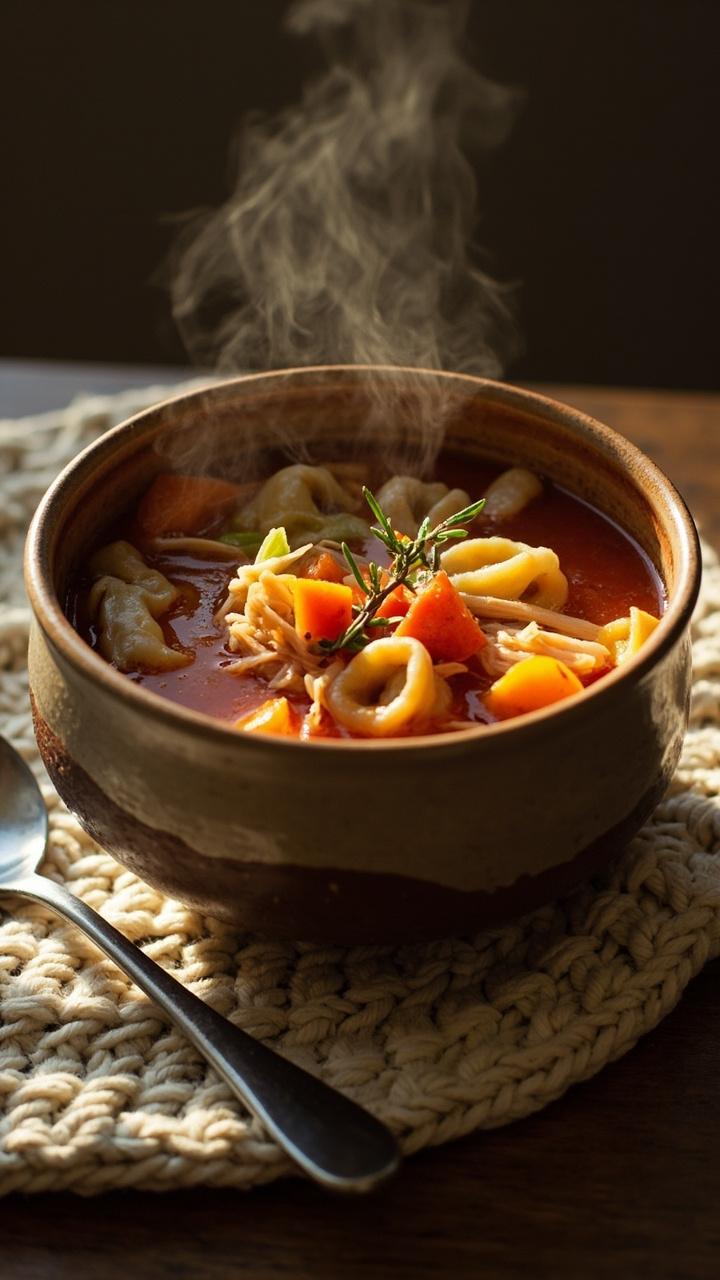 A rustic ceramic bowl filled with a thick stew of tomatoes, tortellini and shredded chicken, chunks of carrot and celery visible, a sprig of thyme on top, a cozy knit placemat under the bowl and a spoon beside it.