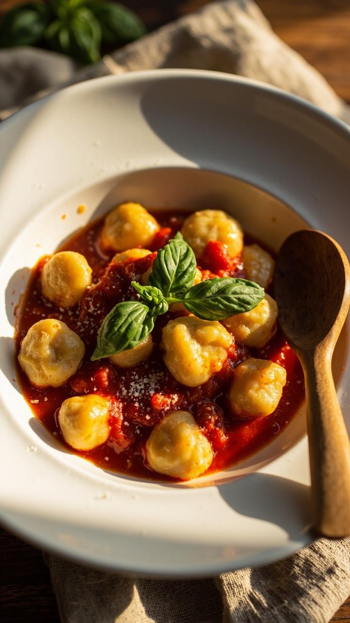 Soft pillow like potato gnocchi in a shallow white bowl, glossy red tomato sauce coating each piece, scattered bright green basil leaves, a drizzle of olive oil, and a sprinkling of grated Parmesan on the rim of the bowl. A folded linen napkin and a wooden spoon sit beside the bowl.