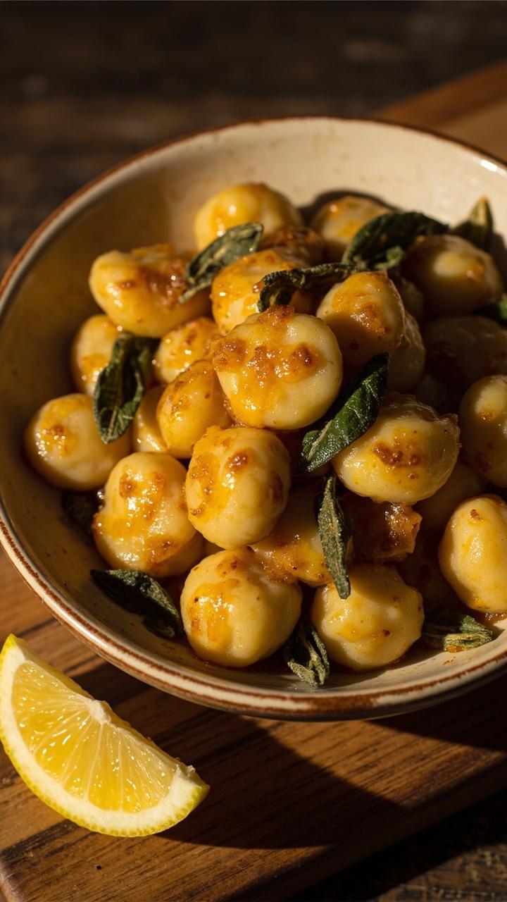 Golden potato gnocchi glossy from brown butter piled in a shallow ceramic bowl, browned sage leaves scattered on top, tiny browned butter droplets on the rim, a lemon wedge on the side, and a wooden board underneath the bowl.