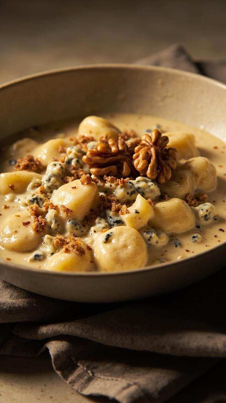 Creamy pale sauce coating potato gnocchi in a shallow bowl, crumbled blue cheese and chopped toasted walnuts scattered on top, a few whole walnut halves, and a soft grey napkin beneath the bowl.