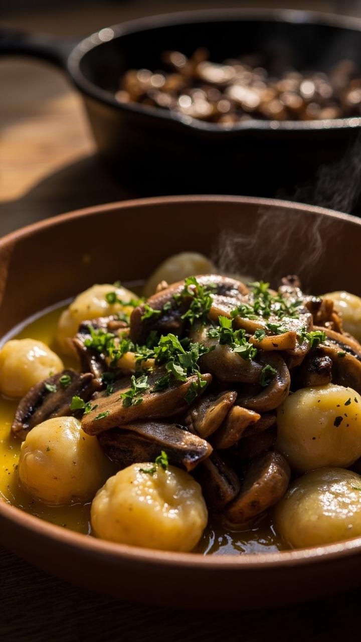 Potato gnocchi nestled in a deep tan bowl under a glossy mushroom ragout made from sliced cremini and shiitake, a sprinkle of chopped parsley, and a drizzle of olive oil. A cast iron skillet with leftover mushrooms sits in the background.