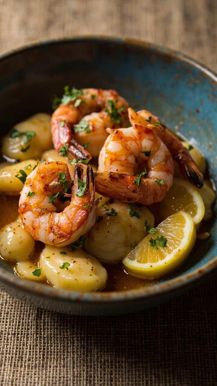 Pan seared shrimp and golden potato gnocchi in a shallow blue bowl, flecks of parsley and thin lemon slices on the side, a small pool of buttery garlic sauce visible at the bottom, and a linen placemat underneath.
