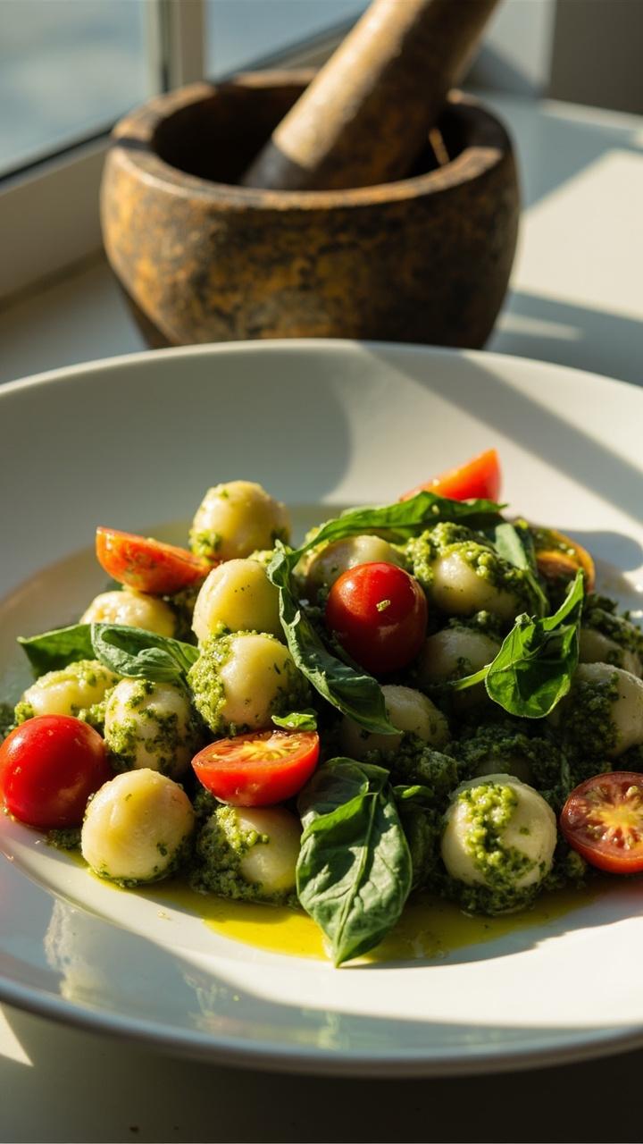 Glossy potato gnocchi tossed in green pesto in a shallow white bowl, halved bright red cherry tomatoes scattered, a few torn basil leaves, and a drizzle of extra virgin olive oil. A wooden pestle sits in the background.