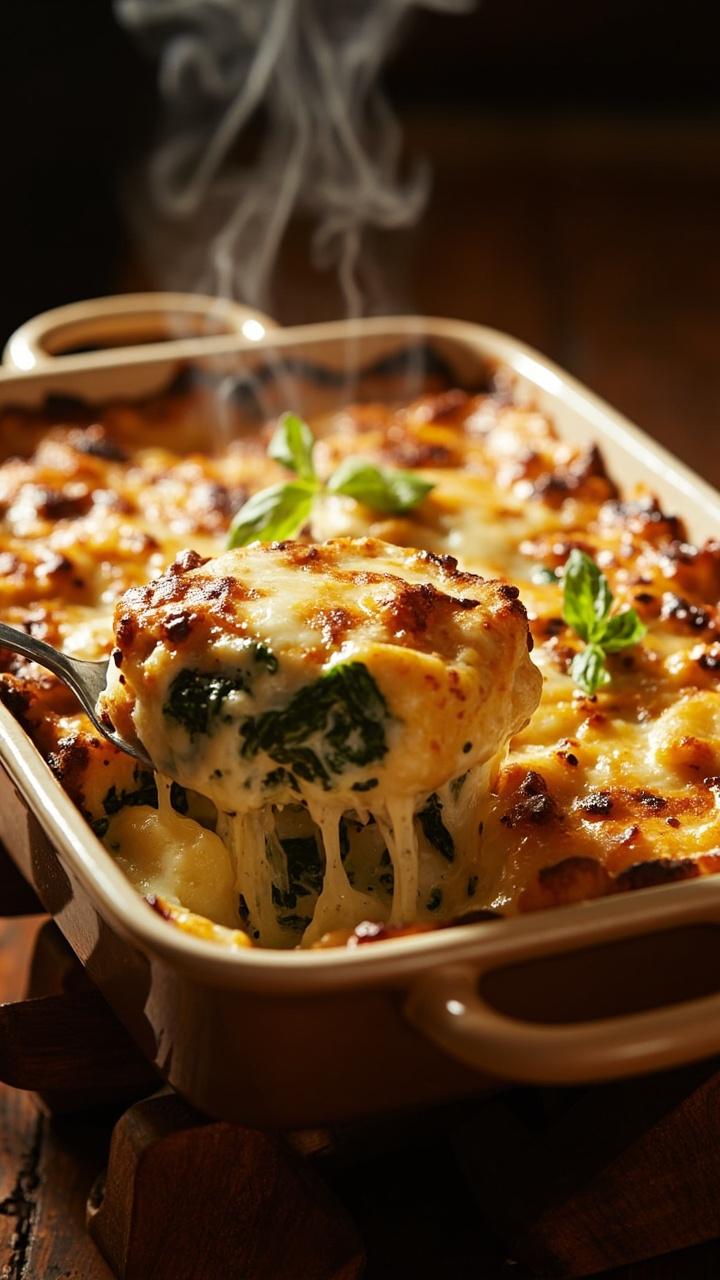 Bubbly golden baked casserole in a rectangular baking dish with browned cheese top, a serving spoon revealing soft gnocchi and green spinach inside, a few basil leaves for garnish, and a wooden trivet under the dish.