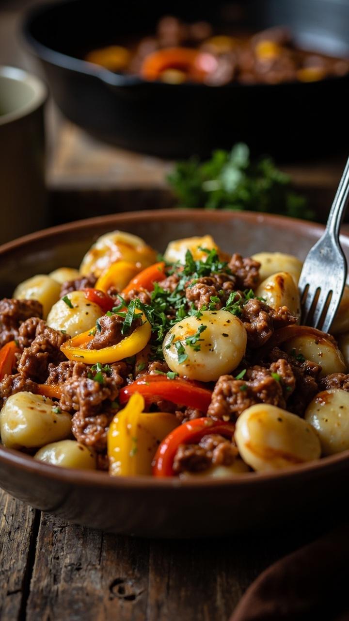 Hearty bowl of potato gnocchi tossed with browned crumbled sausage and colorful sliced bell peppers, chopped parsley sprinkled on top, a cast iron skillet in the background, and a fork resting on the rim.