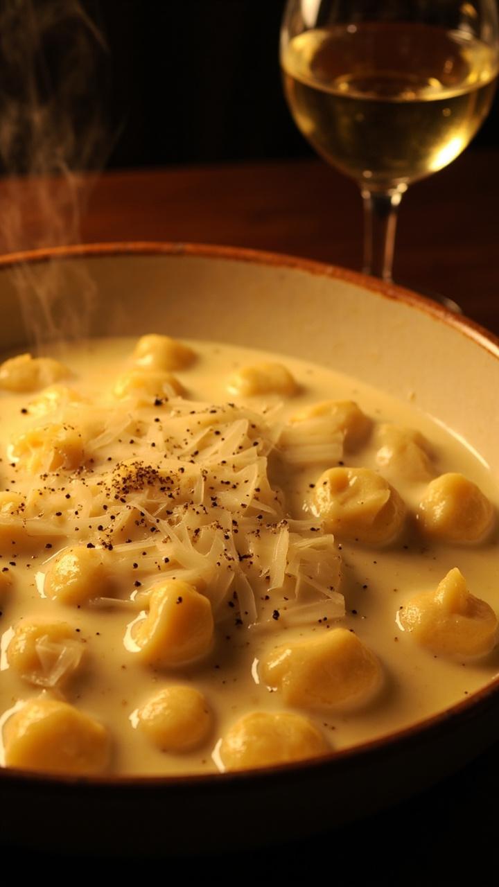 Velvety white cream sauce blanketing potato gnocchi in a shallow bowl, finely grated Parmesan melting on top, a light dusting of black pepper, and a small glass of white wine beside the bowl.
