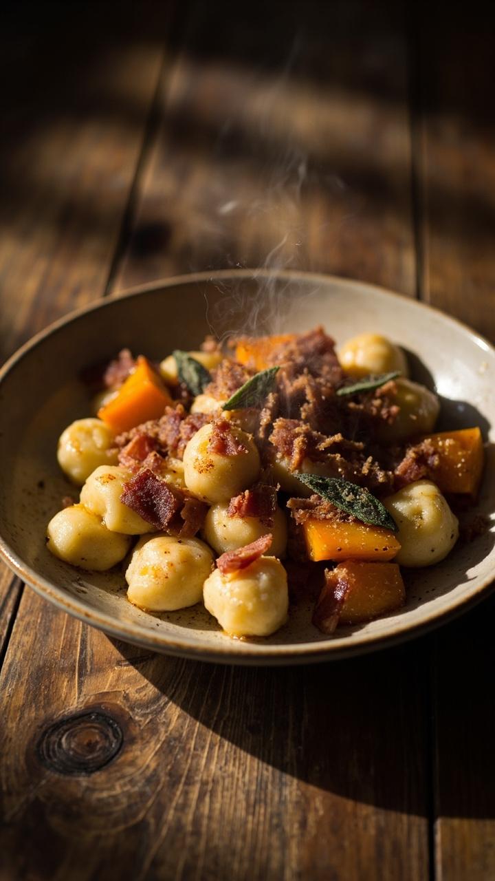 Plated potato gnocchi with cubes of roasted butternut squash and scattered crisp pancetta pieces in a shallow dish, a few chopped sage leaves, and a rustic wooden table beneath.