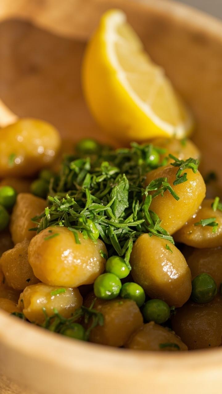 Small mound of potato gnocchi glazed in brown butter with bright green peas and flecks of chopped parsley and chives, a lemon wedge off to the side, and a pale wooden bowl.