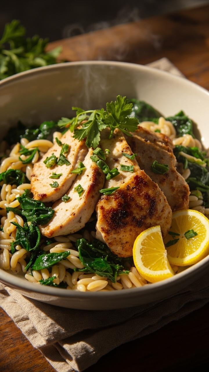slices of golden seared chicken resting atop glossy orzo tossed with wilted spinach lemon wedges and a scattering of chopped parsley in a shallow white bowl set on a wooden board with a linen napkin