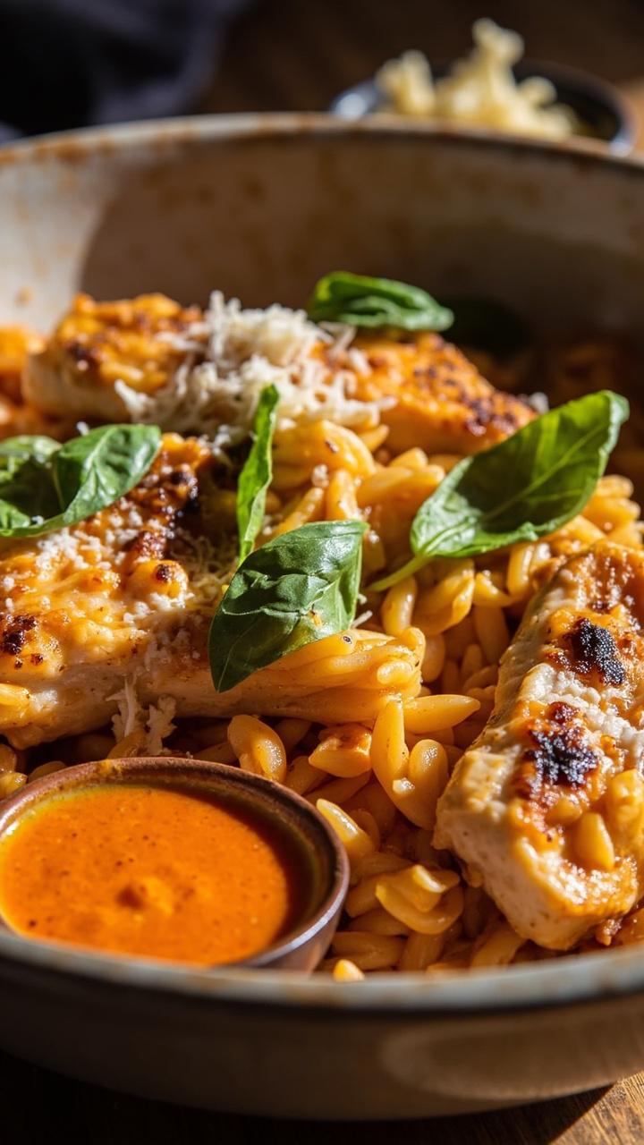 chunks of browned chicken nestled in a creamy tomato orzo with bright green basil leaves torn on top a sprinkle of grated Parmesan and a small ramekin of extra sauce on the side in a shallow ceramic bowl