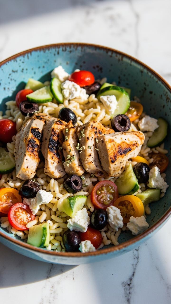grilled sliced chicken on a bed of fluffy orzo with diced cucumber cherry tomatoes crumbled feta and sliced kalamata olives garnished with oregano in a shallow blue bowl on a marble counter