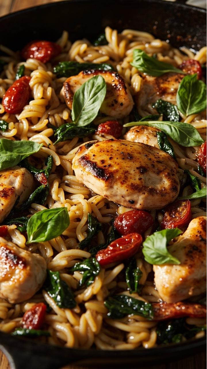 a single skillet of glossy orzo with chunks of browned chicken wilted dark green spinach and strips of deep red sun dried tomatoes finished with a drizzle of olive oil and torn basil leaves