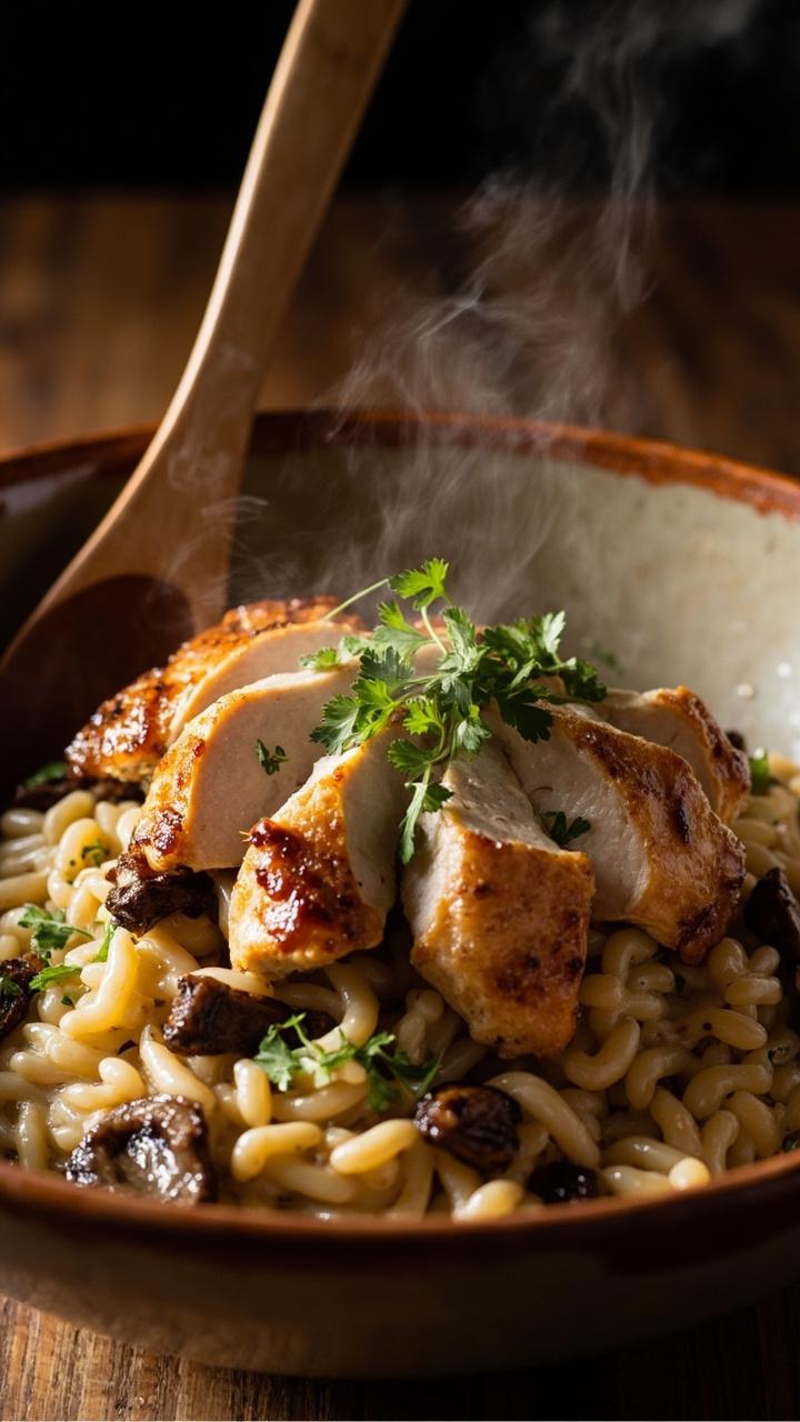 slices of seared chicken on a creamy bed of mushroom orzo dotted with caramelized brown mushroom slices and a sprinkle of chopped parsley served in a deep ceramic bowl with a wooden spoon
