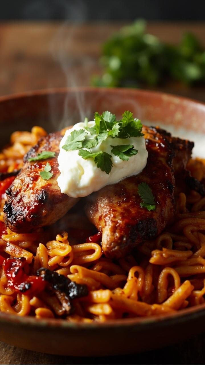 charred pieces of harissa coated chicken atop orange tinted orzo with roasted red peppers and a dollop of plain yogurt and chopped cilantro in a rustic bowl