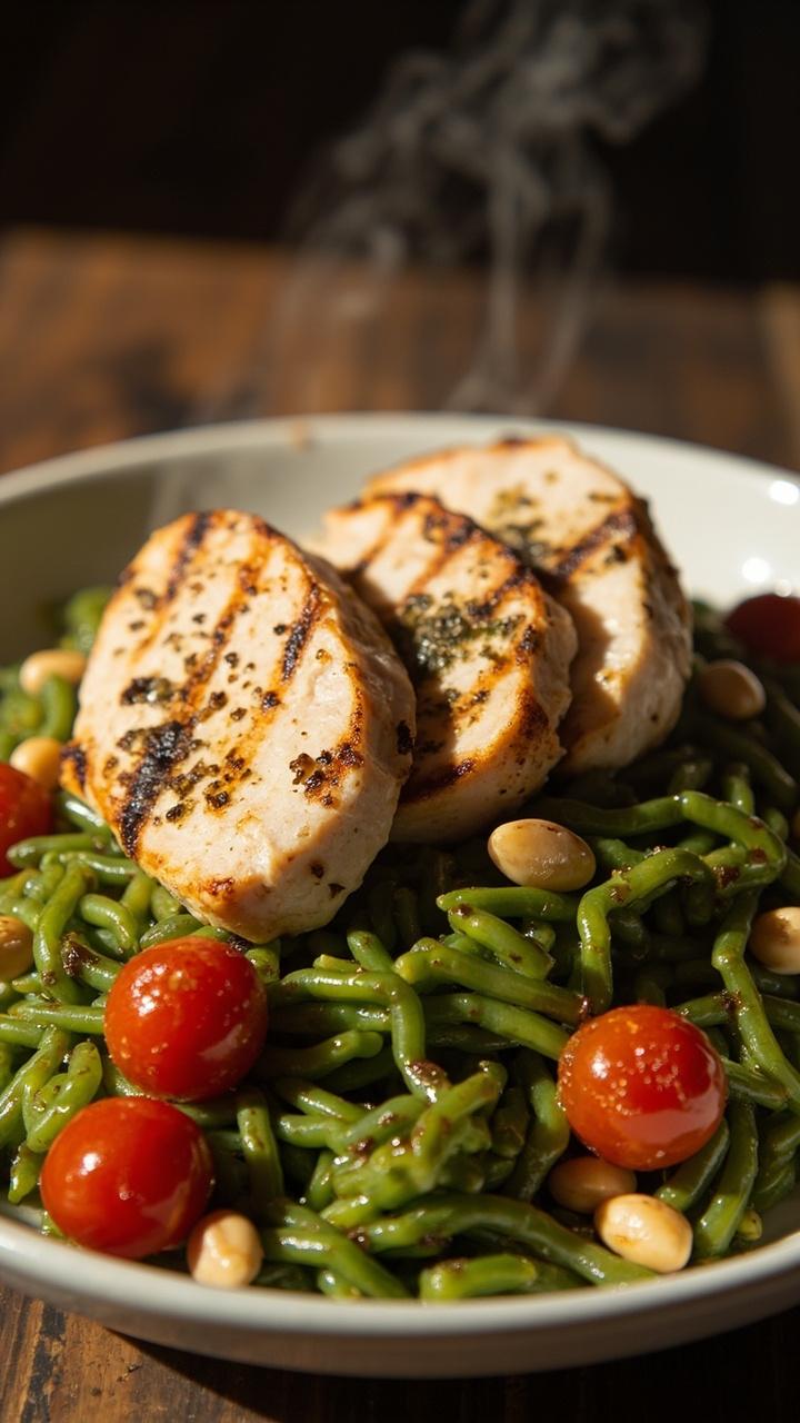 tender slices of grilled chicken on a bed of glossy green pesto orzo with halved cherry tomatoes and a sprinkle of toasted pine nuts in a shallow white bowl