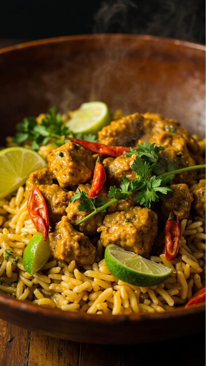 chunks of golden curry coated chicken on a bed of pale yellow coconut curry orzo with bright green cilantro leaves lime wedges and thin sliced red chili in a deep bowl