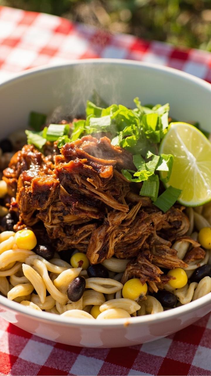 shredded barbecue chicken on orzo mixed with yellow corn kernels black beans and chopped green onion finished with a lime wedge in a shallow bowl on a picnic style napkin