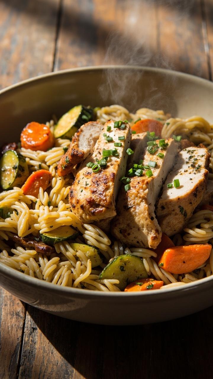 chunks of roasted carrot and zucchini mixed into orzo with sliced herb roasted chicken and a sprinkle of chopped chives served in a wide shallow bowl on a rustic table