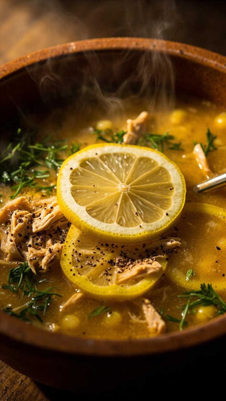 a warm deep bowl of golden broth with tender shredded chicken orzo and flecks of fresh dill with thin lemon slices and a sprinkle of black pepper on top served with a spoon