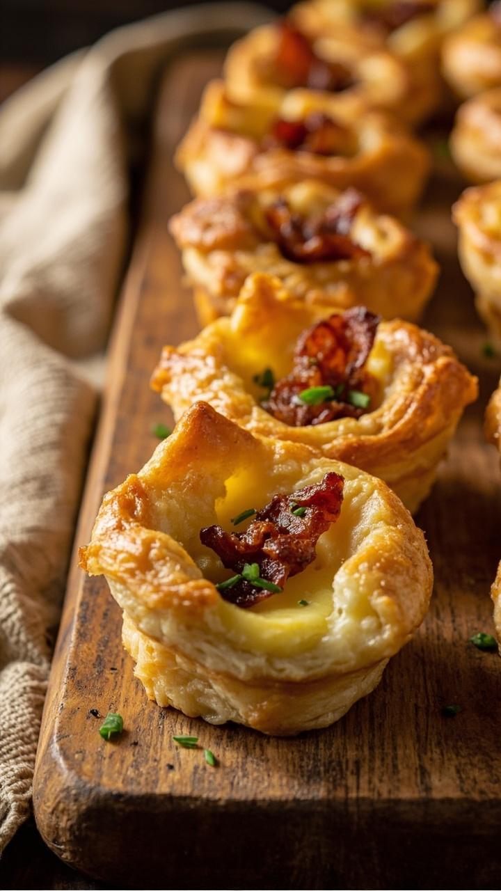 Golden mini pastry cups lined on a wooden board, a few cut open to reveal pale yellow custard, small browned bacon bits on top, a sprinkle of chopped chives, linen napkin at the edge