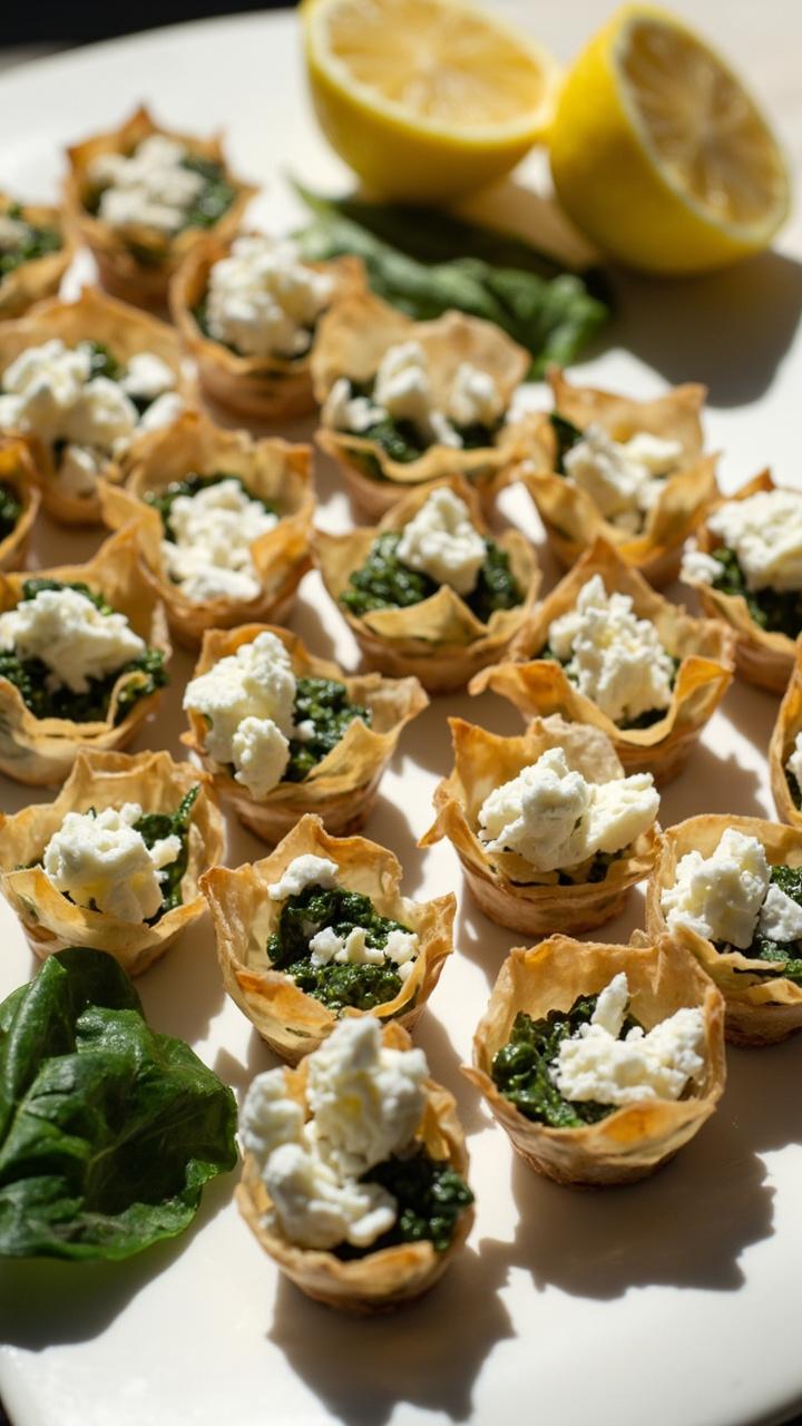 Rows of mini phyllo cups on a ceramic platter, vibrant green spinach filling peeking out, crumbled white feta on top, lemon wedges and a few spinach leaves for color