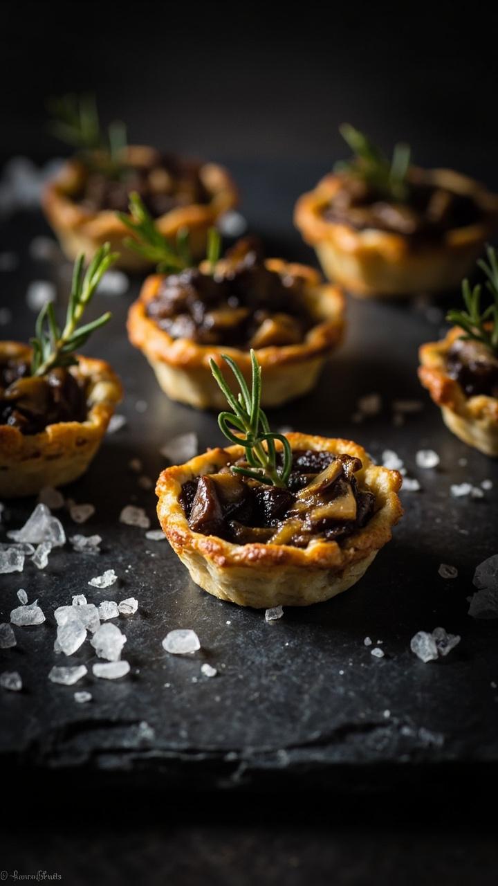 Mini tart shells arranged on a slate board, dark caramelized mushroom filling visible, small thyme sprigs tucked into a couple of quiches, a scattering of coarse sea salt