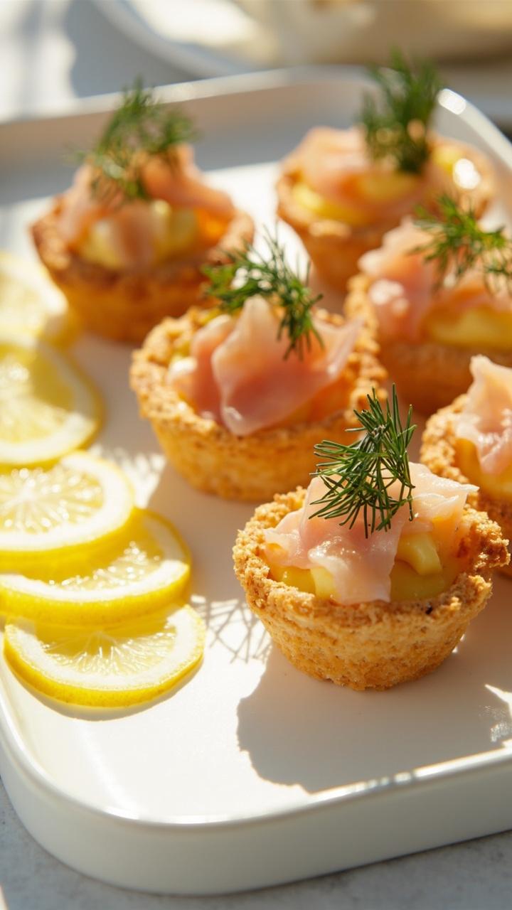 A white platter of round mini tart shells with pale pink salmon flakes and pale yellow custard, tiny fresh dill sprigs on top, thin lemon slices on the side