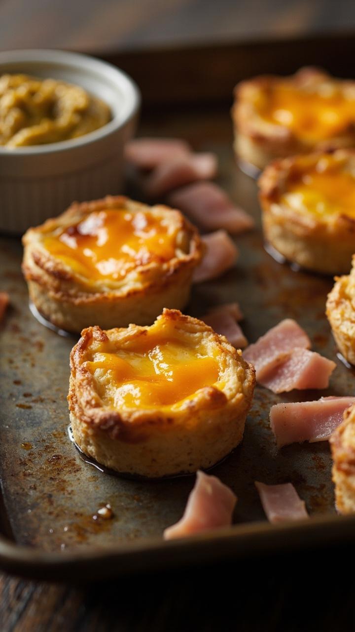 A metal baking tray lined with mini quiches, warm golden edges and melted orange cheddar, small piles of diced ham beside a ramekin of mustard