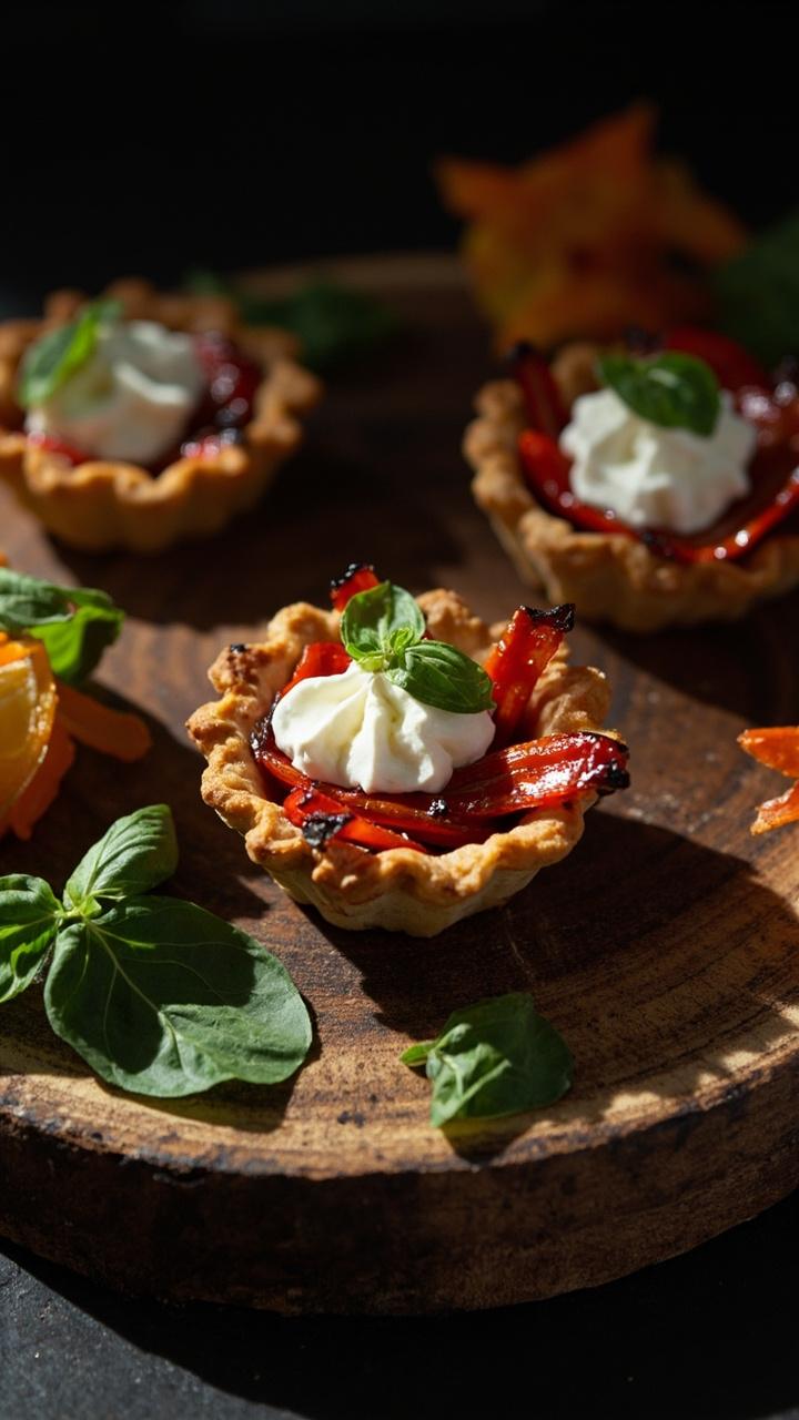 A round wooden board with mini tart shells topped with crimson roasted pepper strips and creamy white goat cheese dollops, a few basil leaves scattered around