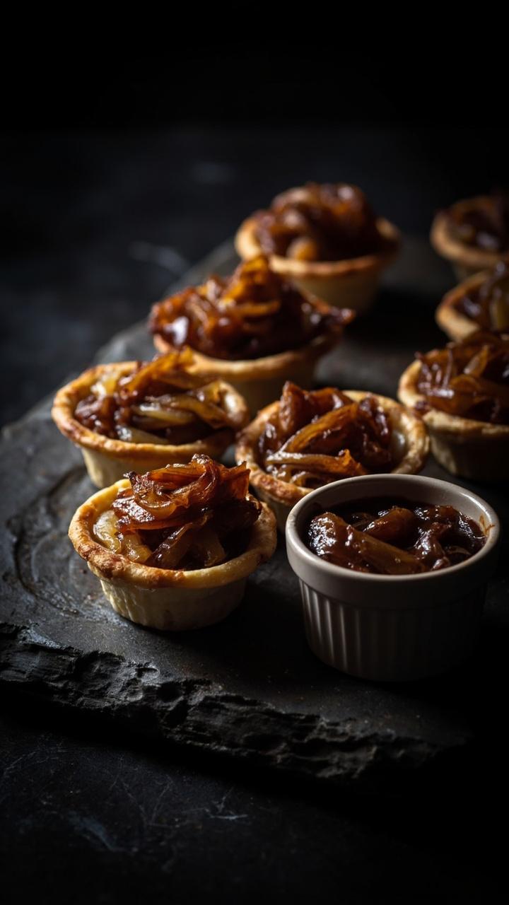 Mini tart shells on a dark stone board, tops lightly browned, thin strands of caramelized onion visible, a small ramekin of extra caramelized onions on the side