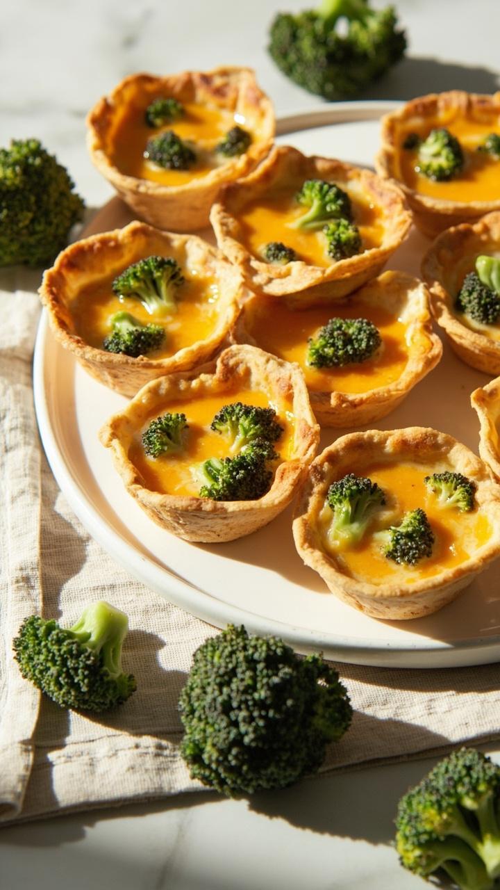 A bright serving platter with mini quiches, visible small broccoli florets and melted orange cheddar in each, a few raw broccoli florets and a cloth napkin nearby