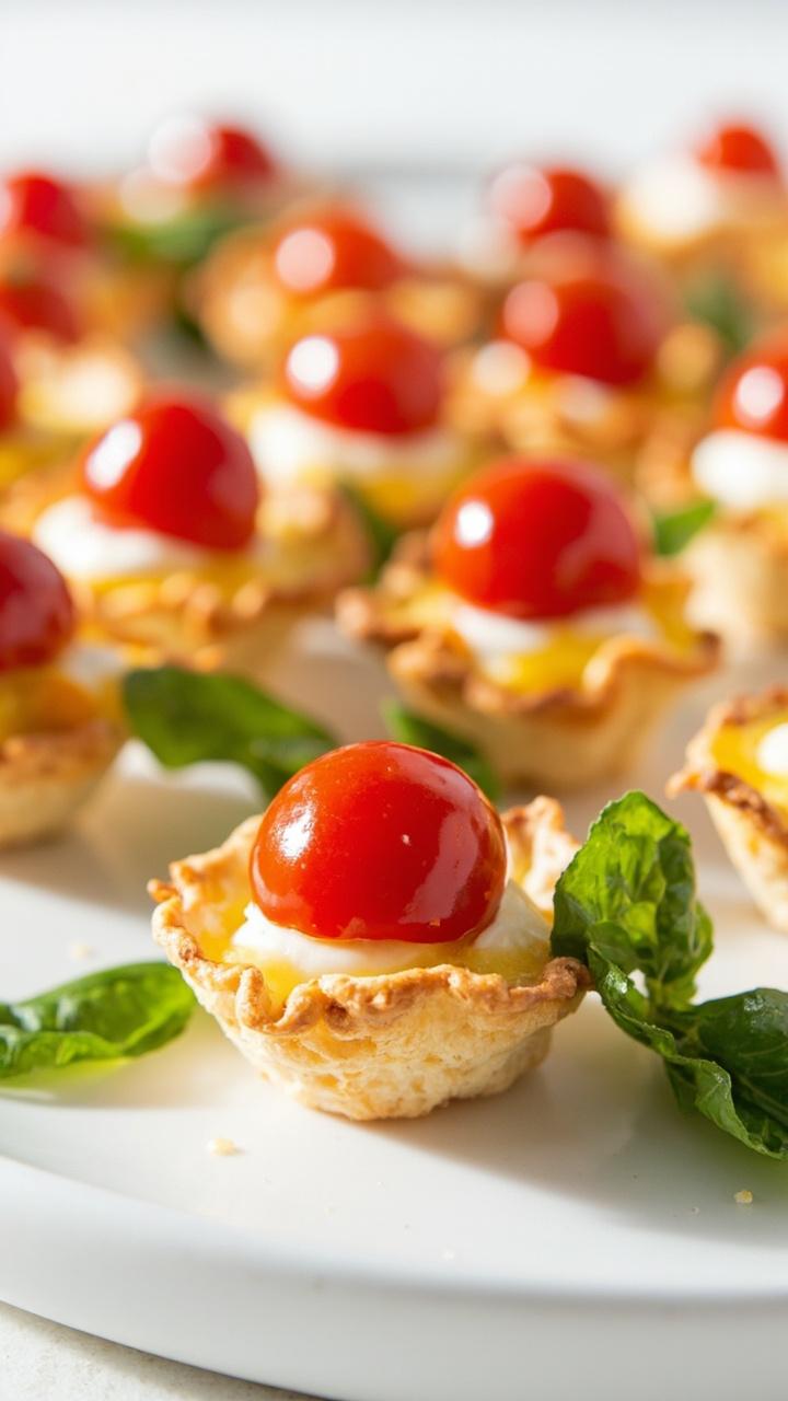 Mini phyllo cups lined in a decorative pattern on a white platter, small tomato slices and melted white mozzarella visible, fresh basil leaves scattered for color