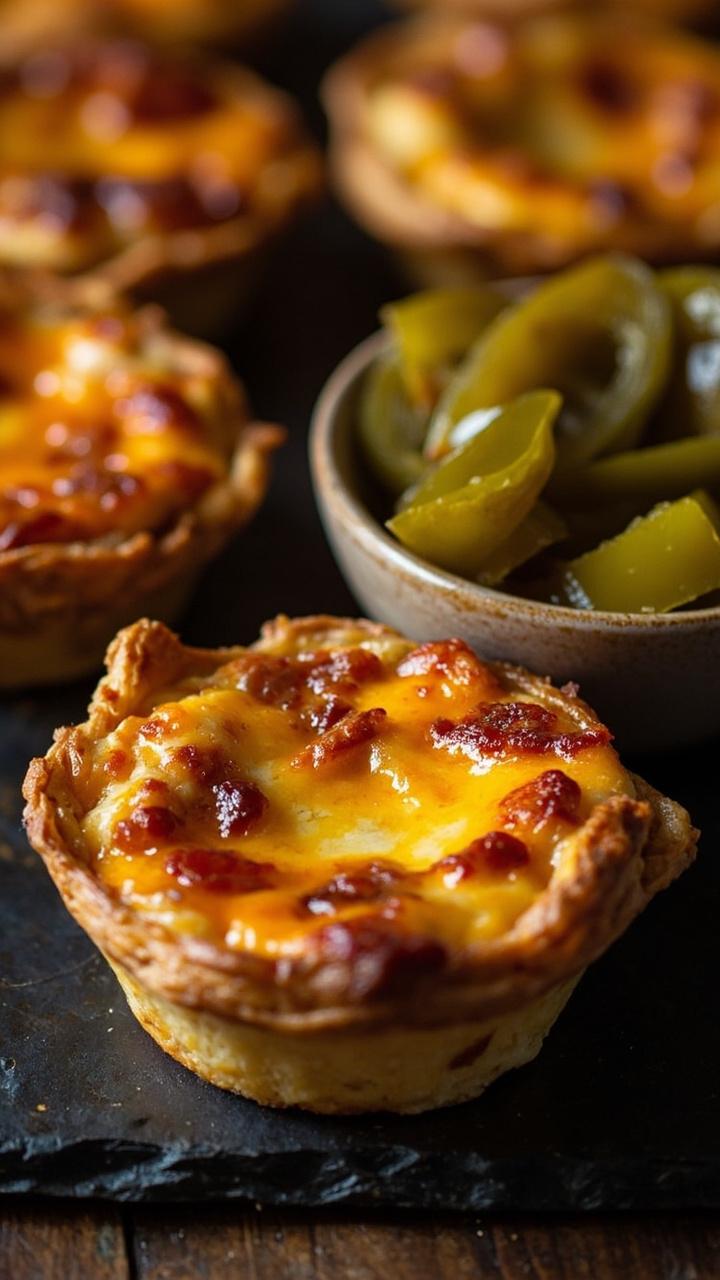 A dark platter with mini quiches showing orange melted pepper jack and bits of red chorizo, a small bowl of pickled jalapeños nearby