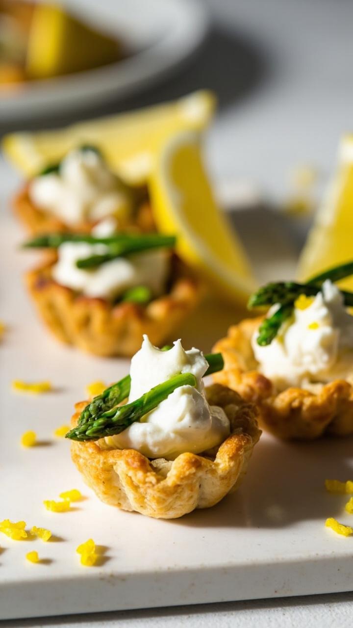 Mini tart shells on a ceramic plate, small green asparagus tips and creamy white ricotta visible, lemon wedges and a few grated lemon zest flecks