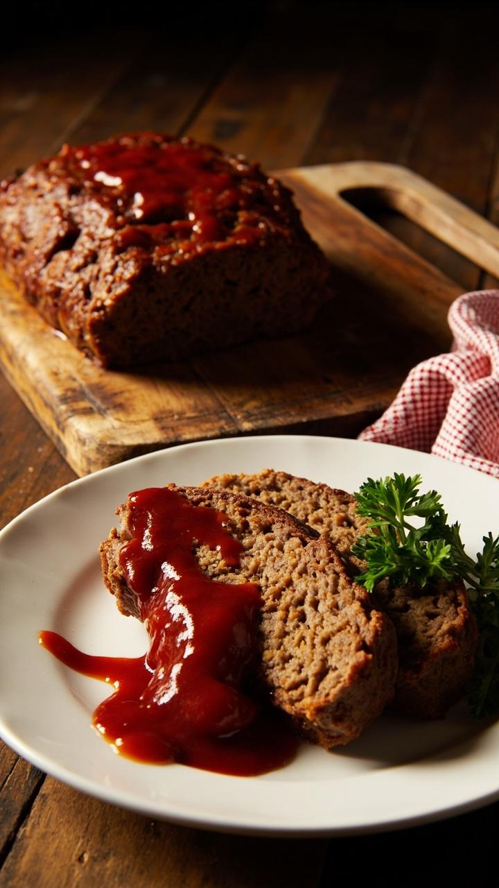 A golden brown loaf on a wooden cutting board, a thick slice on a white dinner plate, glossy ketchup glaze running down the side, a small parsley sprig, a folded checkered napkin beside the plate