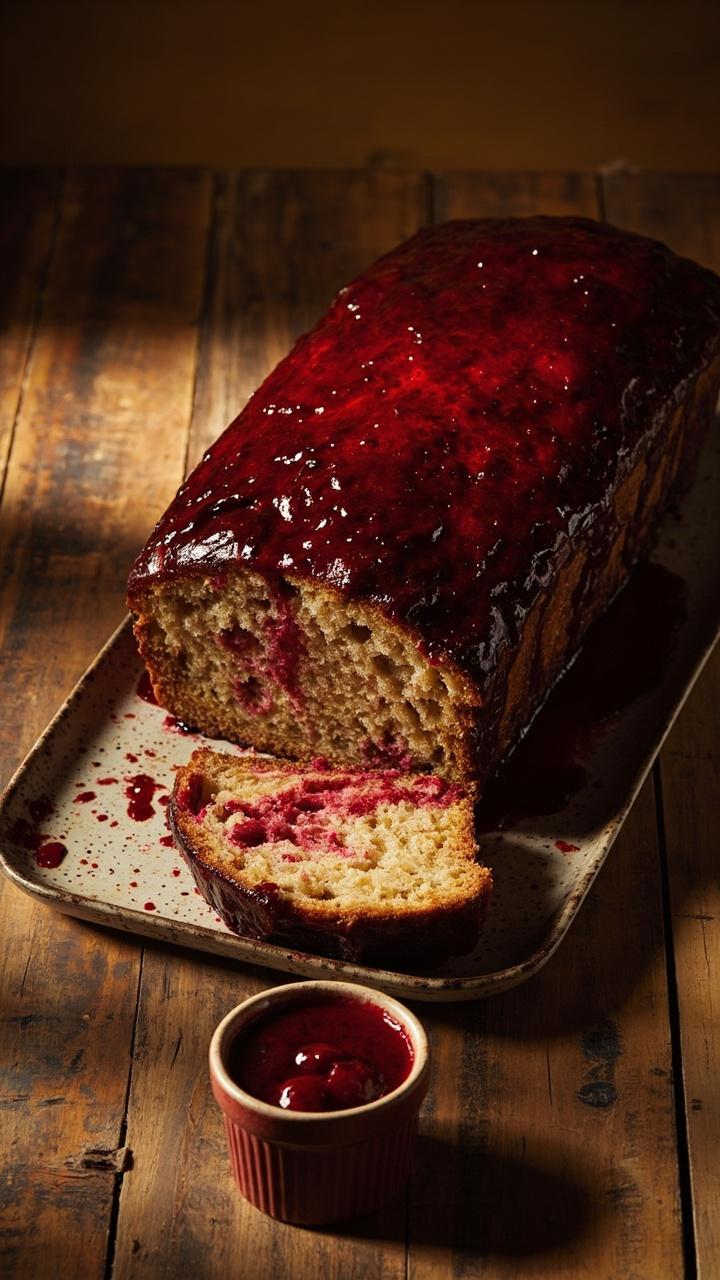 A loaf with deeply caramelized red glaze on top on a ceramic platter, one thick slice leaning against the loaf revealing moist interior, a small ramekin of extra glaze, a wooden table surface