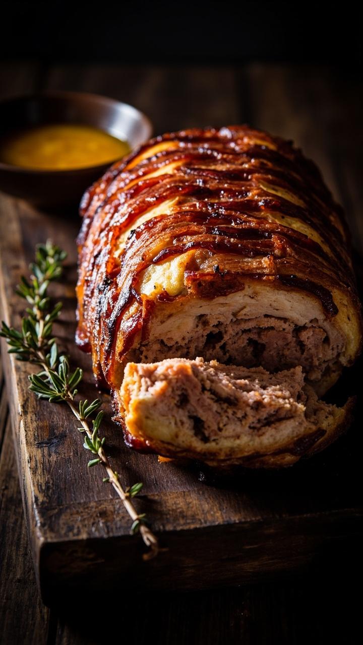 A loaf wrapped in overlapping strips of crisped bacon on a rustic wooden board, a few slices cut to show the interior, a sprig of thyme, a small dish with pan juices