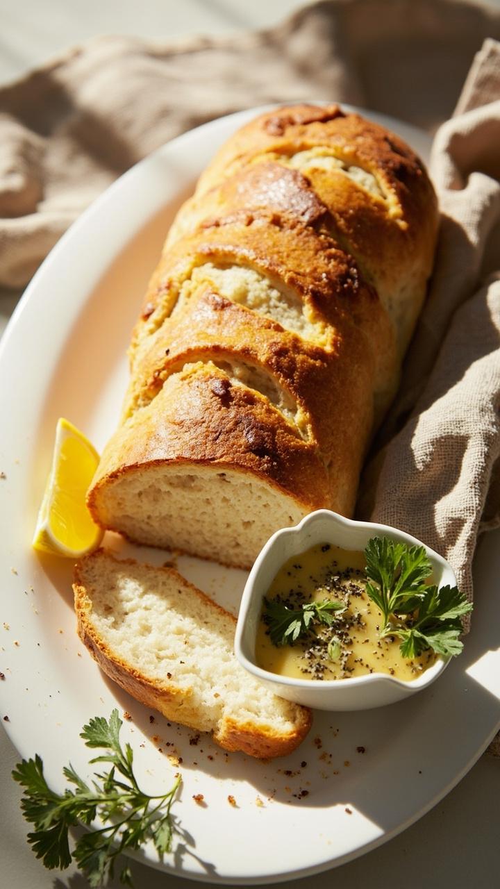 A light golden loaf on a white platter, one slice plated with a wedge of lemon and a sprinkle of chopped parsley on top, a small bowl of herbed pan sauce beside it, a linen napkin