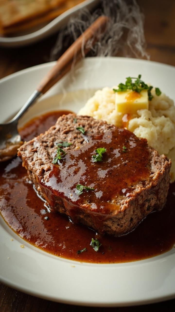 A slice of meatloaf on a deep white plate with glossy brown gravy pooled around it, mashed potatoes beside the slice with a pat of butter melting, a sprinkle of chopped parsley, a simple wooden spoon with gravy drips