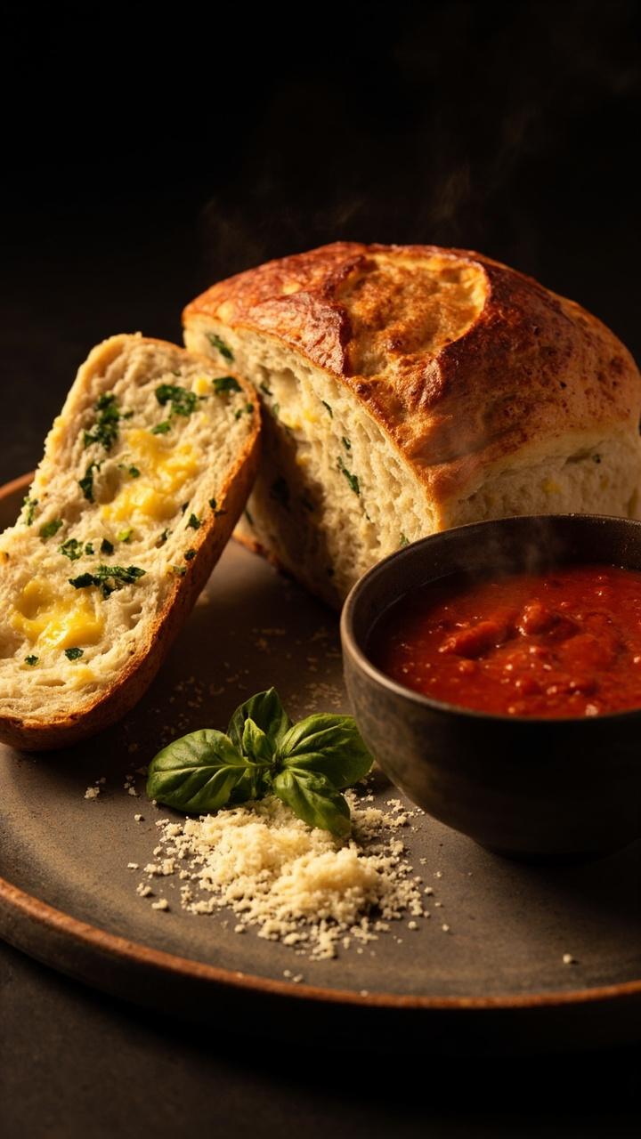 A loaf with a light tomato glaze on a ceramic platter, one slice showing flecks of green herbs and grated cheese, a small bowl of warm marinara, a scattering of grated Parmesan and a basil leaf