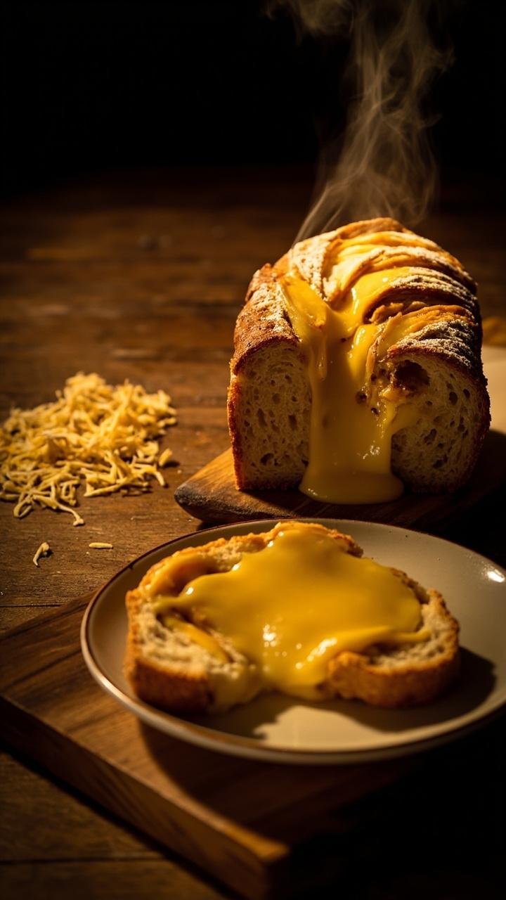 A loaf cut in the middle to reveal a ribbon of melted yellow cheese running through slices, loaf on a wooden board, a small pile of shredded cheese nearby, a casual dinner plate with a slice